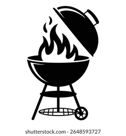 Silhouette noire d'un gril au charbon de bois avec couvercle ouvert et flammes