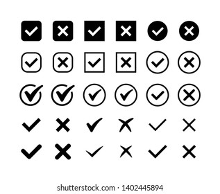 Black silhouette check mark and cross icon set. Circle and square. Tick symbol in green color, vector illustration.
