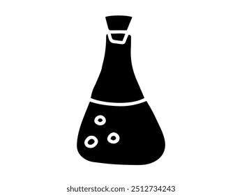 Silueta negra del frasco de la química con las burbujas aisladas en el fondo blanco. Concepto de equipo de laboratorio, educación científica, experimento químico, diseño minimalista. Icono, escuela, elemento de estudio.