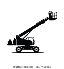 A black silhouette of a cherry picker with its platform raised high