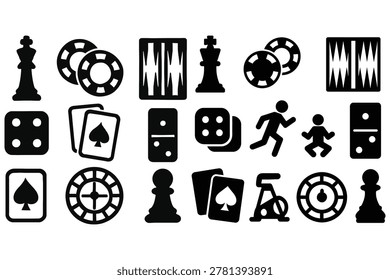 Black silhouette of chess pieces, playing cards, casino chips, dominoes, dice, and various game symbols