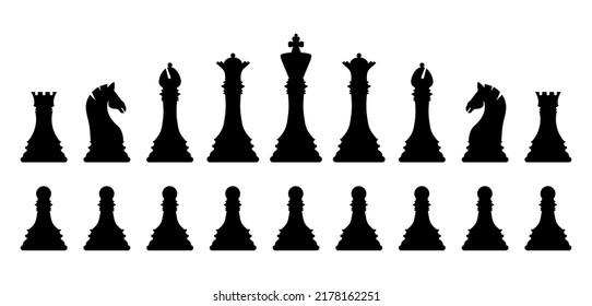 Black silhouette chess pieces set isolated on white background. Chess icons. King, queen, rook, knight, bishop, pawn. Vector illustration for design.