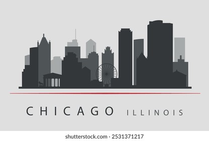 La silueta negra del horizonte de Chicago, Illinois, está enfatizada por una línea roja. Siluetas de edificios. Vector sobre un fondo gris