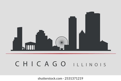 La silueta negra del horizonte de Chicago, Illinois, está enfatizada por una línea roja. Siluetas de edificios. Vector sobre un fondo gris