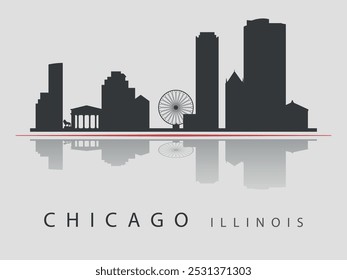 Black silhouette of the Chicago skyline, Illinois, with a reflection in the water. Emphasized by a red line. Silhouettes of buildings. Vector on a gray background