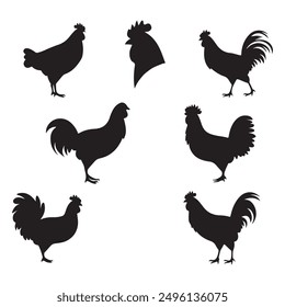 A black silhouette Chicken set, Clipart on a white Background, Simple and Clean design, simplistic