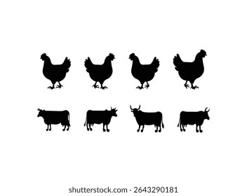 Black silhouette of a chicken standing on grass simple elegant hen icon vector illustration for farm and agriculture projects. Chicken Icon Flat Graphic Design.