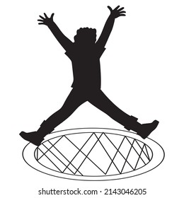 Black silhouette of child boy jumping on trampoline. Active kids outdoor games on playground, trampolining emblem outline element, flat vector isolated on white background.