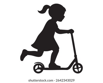 Black silhouette of a child girl riding a kick scooter, isolated on white background, graphic illustration. concept of children, play, activity, fun, outdoor games, sport, icon.
