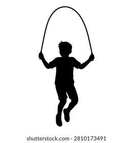 Black silhouette of a child jumping rope, capturing a lively and energetic moment of childhood play and outdoor activity.