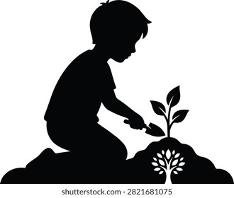 Black silhouette of a child kneeling down to plant a small tree seedling in dirt