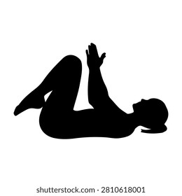 Black silhouette of a child lying on their back with legs raised and hands clasped, capturing a playful and relaxed pose.