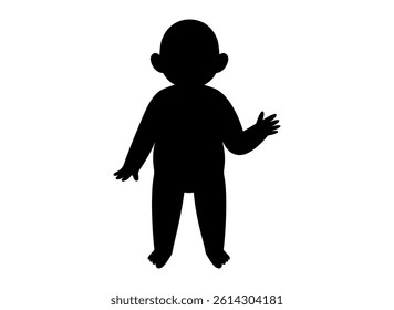 Black silhouette of a child waving hand on white background. Minimalist newborn vector illustration symbolizing greeting, childhood, or loneliness. Isolated pediatric figure of baby in front view.