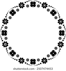 Black silhouette Childish round floral frame border. Isolated decoration