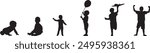 Black silhouette of children from baby to teenager. Stages of growing up of a child boy. Silhouette of a boy. Cute diverse children. Vector illustration. EPS 10