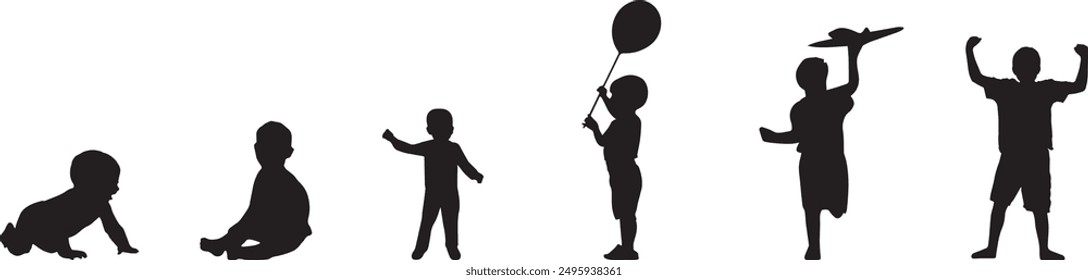 Black silhouette of children from baby to teenager. Stages of growing up of a child boy. Silhouette of a boy. Cute diverse children. Vector illustration. EPS 10