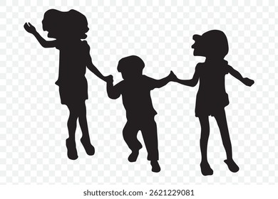 Black silhouette of children jumping for joy. Active kids jumping or trampolining, outline elements collection, flat vector isolated on white background. Summer entertainments and attraction. EPS 10.
