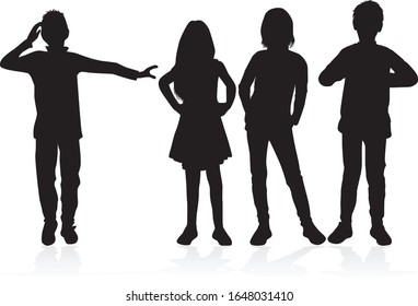 Black silhouette of children on white background.