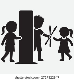 Schwarze Silhouette von Kindern, die mit einem Propeller hinter einem großen Objekt schwarz-weiß spielen