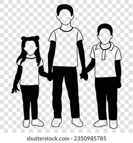 Black Silhouette of children's boy and girl group isolated  on transparent grid background 