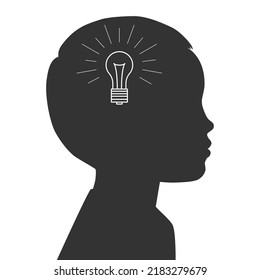 Black silhouette of a child's profile with a light bulb inside. Idea concept. Vector illustration isolated on white background