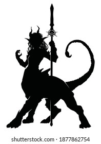 Black silhouette of a chimera girl with the horns of a lion's body, and the tail of a scorpion, she has a symmetrical spiked spear in her hands. 2d illustration.