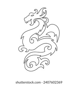 Black silhouette of a Chinese dragon on a white background. Dragon with ornament. Logo, sketch, tattoo. Vector