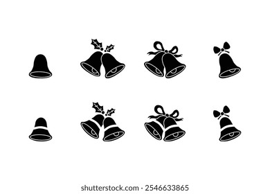 Black silhouette of Christmas bells. Decorating Christmas bells with ribbons. Holiday celebration decoration. Vector.