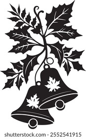 Black silhouette of Christmas bells with leafs vector illustration.