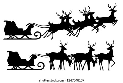 Black silhouette. Christmas santa sleigh and group of deer. Flat vector illustration isolated on white background. Wooden sleigh with flying mythical deer.