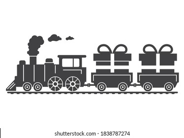 Black silhouette of a Christmas steam locomotive with gifts. Delivery of presents by rail.Vector flat illustration.Isolated on a blue background.