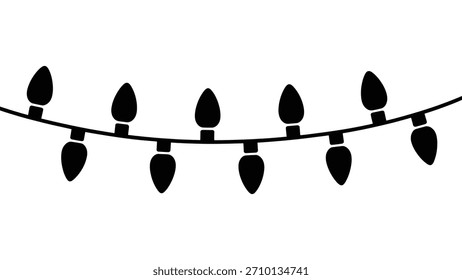 black silhouette christmas string lights illustration featuring a curved wire with evenly spaced bulb shapes, minimal festive decoration graphic ideal for seasonal designs, holiday crafts, posters and