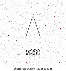Black silhouette of a Christmas tree with gray and red snow. Merry Christmas and Happy New Year 2022. Vector illustration. Magic.