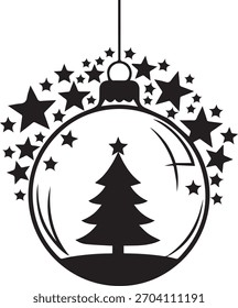 Silueta negra de un árbol de Navidad dentro de una chuchería rodeada de estrellas que cuelgan de un adorno de Navidades de cuerda