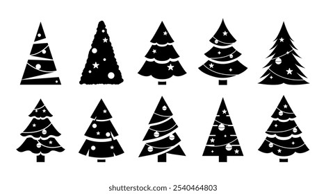Diseño negro del Vector del árbol de navidad de la silueta, símbolo del árbol de pino, Elementos gráficos de los ornamentos de las Navidades para la decoración en la tarjeta de felicitación y el fondo, pictograma moderno mínimo (editable)