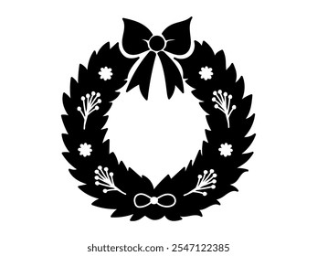 Black Silhouette of a Christmas Wreath isolated on White Background. Concept of Holiday Decoration, Festive Ornament, Minimalist Seasonal Design, Winter Celebration. Icon, Print