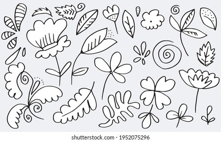 Black silhouette of chrysanthemum, bellflower, cerry blossom and other element design isolated on white background. Hand drawn sketch flower.