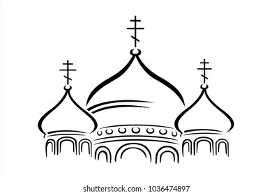 black silhouette of a church with three domes and crosses on a white background, vector
