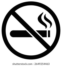 Uma silhueta preta de um cigarro com fumaça saindo dele é cortada por uma linha diagonal dentro de um círculo preto, indicando uma proibição de fumar.