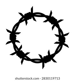 A black silhouette of a circular barbed wire, symbolizing restriction or security, set against a plain white background.