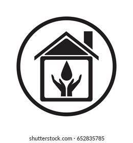 black silhouette circular frame house with hands holding a drop