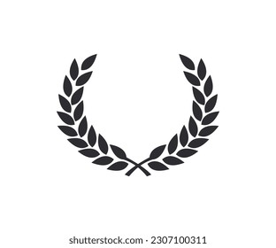 Black silhouette circular laurel foliate, wheat and oak wreaths depicting an award, achievement, heraldry logo design. Greek and Roman olive branch award, winner emblem vector design and illustration.