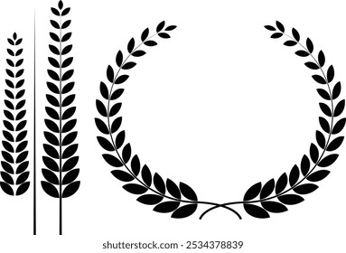 black silhouette circular laurel foliate, wheat and oak wreaths depicting an award, achievement, heraldry, and nobility on white background. Emblem