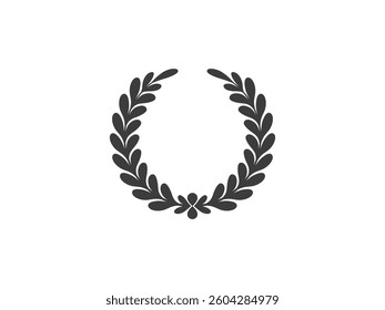 black silhouette circular laurel foliate, depicting an award, achievement, heraldry, nobility on white background. Black circular laurel foliate silhouette for award, achievement, heraldry