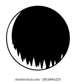 A black silhouette of a circular object with jagged, sharp edges, resembling a stylized abstract shape or design element.