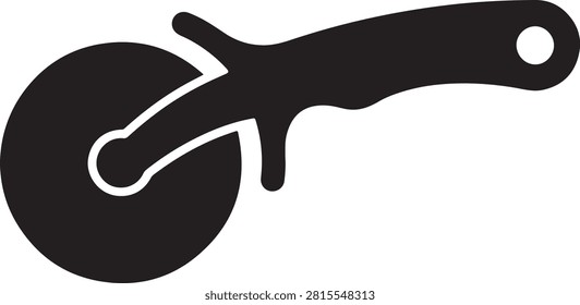 Black silhouette of a circular pizza cutter with a sharp wheel and ergonomic handle isolated on a white background, for kitchen tools