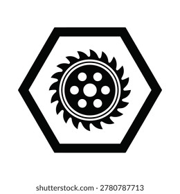 A black silhouette of a circular saw blade inside a hexagonal frame, isolated on a