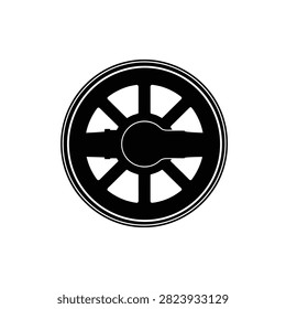Black silhouette of a circular train or wagon wheel on a white background