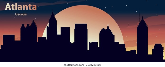 black silhouette of the city of Atlanta, Georgia against the background of the Big Yellow Moon and the night starry sky