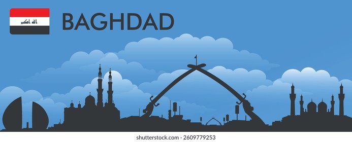 Black silhouette of the city of Baghdad on the background of blue sky and big blue clouds. Vector flag of the country and text with the name of the city